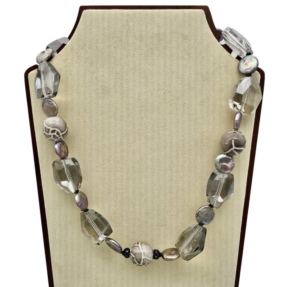 Donna Dressler Abalone And Clear Crystal Sterling Silver Beaded Necklace